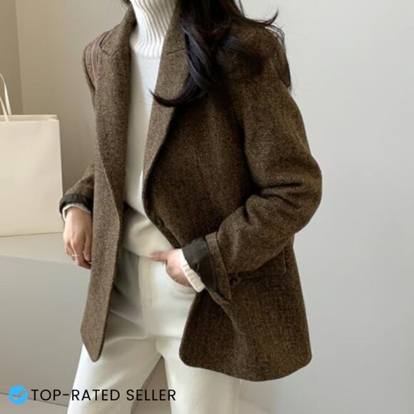 Wool Blend Blazer Classic Elegant Business Casual Work Coat Mid Thigh Length - Picture 2 of 7